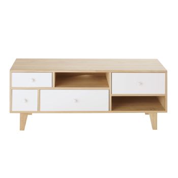 Spring - Mueble de TV blanco de estilo escandinavo con 4 cajones de paulonia
