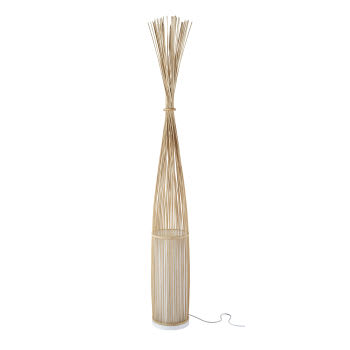 Staande lamp van geweven bamboe en beige metaal