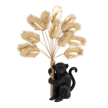 Statuetta scimmia nera e piume in metallo dorato alt. 26 cm