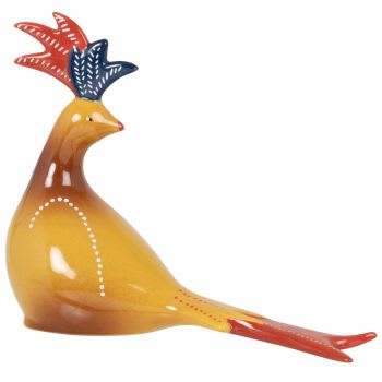 EDUARDO - Statuette oiseau en grès jaune, bleu et rouge H18