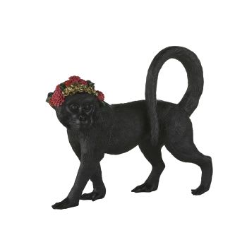 Statuette singe en métal noir et couronne de fleurs multicolore H47