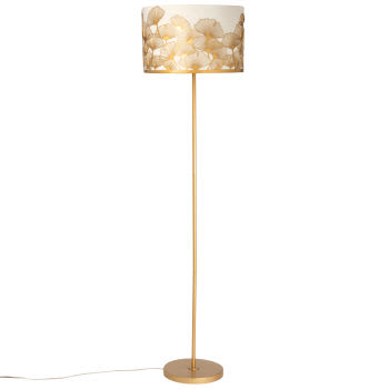 CADIZ - Stehlampe aus goldenem Metall, weißer Lampenschirm mit goldenem Gingko-Muster H153