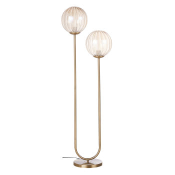 Stehlampe aus goldfarbenem Metall mit 2 Kugelschirmen aus bernsteinfarbenem Glas, H135cm