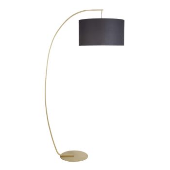 Stehlampe aus goldfarbenem Metall mit Lampenschirm aus schwarzer Baumwolle, H181cm