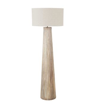 GRACE - Stehlampe aus graviertem Mangoholz mit Lampenschirm aus beigefarbener Baumwolle, H168cm