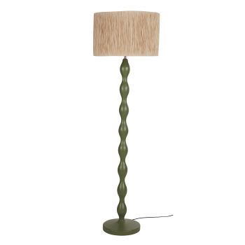 LUCIE - Stehlampe aus grünem Mangoholz mit Lampenschirm aus Raffiabast, H170cm