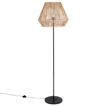Inirida - Stehlampe aus schwarzem Metall mit Lampenschirm aus geflochtener Jute, H170cm