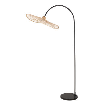 Stehlampe aus schwarzem Metall mit Lampenschirm aus Kautschukholz und Rattangeflecht, H182cm