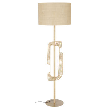 OURIKA - Stehleuchte aus beigem Metall, stilisiert, Lampenschirm aus Raffiabast, H162cm
