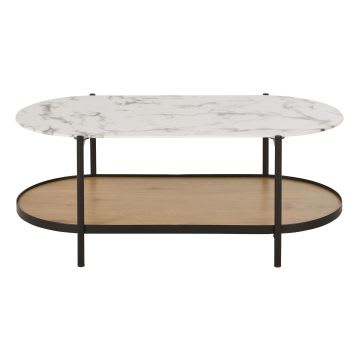 Stona - Table basse ovale en verre trempé imprimé imitation marbre et métal noir L110