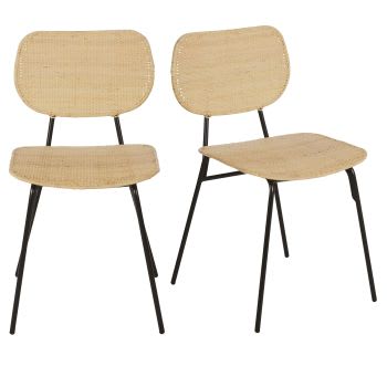 Stühle für gewerbliche Nutzung mit schwarzem Metall und Rattangeflecht (2 Stück)
