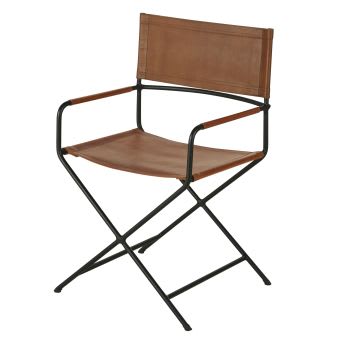 Stuhl aus braunem Leder und schwarzem Metall
