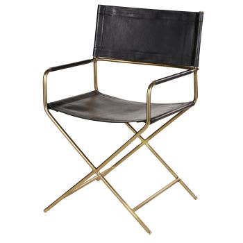 Stuhl aus schwarzem Leder und messingfarbenem Metall