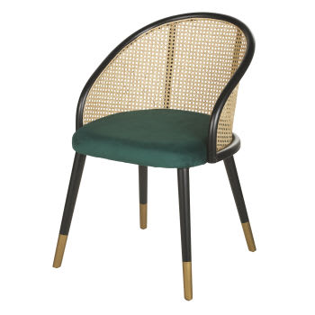 Sockette - Stuhl mit Armlehnen, grünem Samtbezug und aus Rattangeflecht