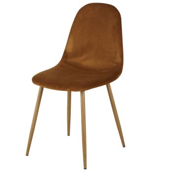 Clyde - Stuhl mit recyceltem, caramelfarbenem Samtbezug und Beinen aus Metall in Eichenholzoptik
