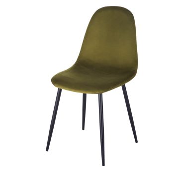 Clyde - Stuhl mit recyceltem khakigrünem Samtbezug und Beinen aus schwarzem Metall