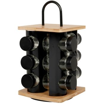 Suporte giratório para especiarias em metal preto, vidro e bambu bege