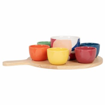 SINO - Suppenschüsseln aus buntem Steingut, Set aus 7 mit Tablett aus Kautschukholz