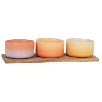 NOVA - Suppenschüsseln aus violettem, gelb, rot, rosa und orangem Steingut, Set aus 3 mit Tablett aus Akazienholz