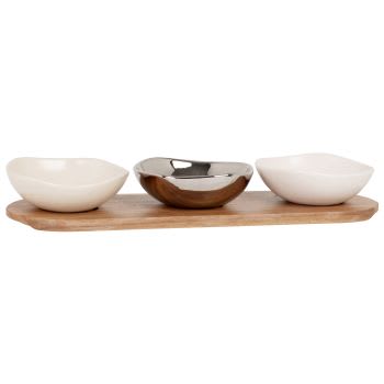TUZ - Suppenschüsseln aus weiß, beigem und silbernem Steingut, Set aus 3 mit Tablett aus Akazienholz