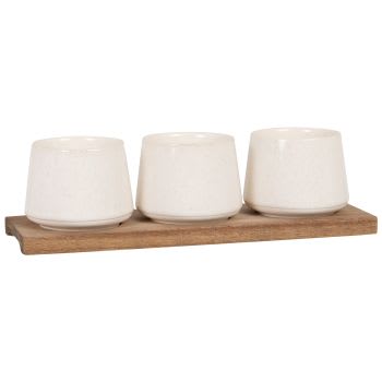 ALMERIA - Suppenschüsseln aus weiß-gesprenkeltem Steingut, Set aus 3 mit Tablett aus Akazienholz