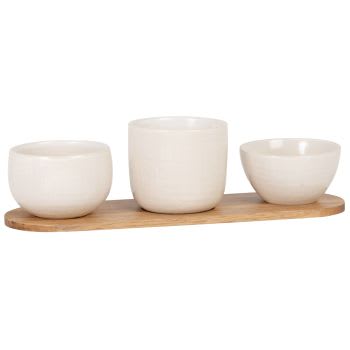YELLOWSTONE - Suppenschüsseln aus weißem Keramik, Set aus 3 mit Tablett aus Akazienholz