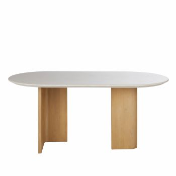 Travertino - Table à manger ovale en marbre blanc effet travertin et bois de manguier massif 8 personnes L180