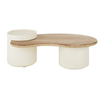 Sartene - Table basse blanche et plateau en bois de manguier L125