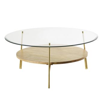 Sola - Table basse ronde en verre trempé et manguier massif