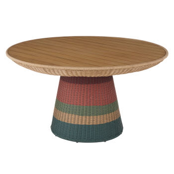 Bagoa - Table de jardin ronde en bois de teck et résine recyclée tressée multicolore 8 personnes D140