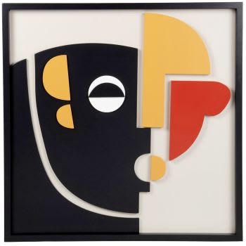 ZURICH - Tableau visage abstrait noir, rouge, écru et orange 45x45