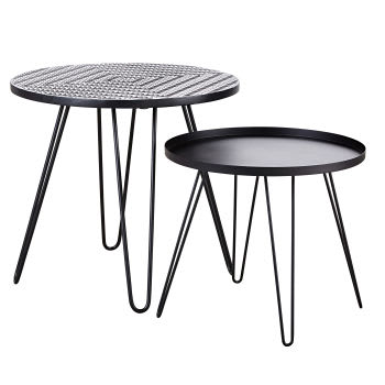 Carioca - Tables basses de jardin en faïence à motifs et métal noir (x2)