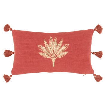 TACHA - Rotes Kissen mit goldenem gesticktem Palmenmotiv und Pompons, 20x35cm