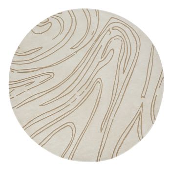 BOUSSENS - Tapete redondo em lã tufada e esculpida cru, motivos de ondas beges D180