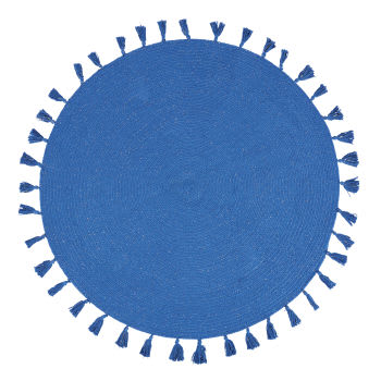 Tapete redondo tecido em azul com fio de lurex e pompons