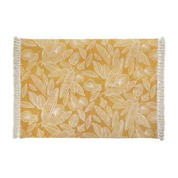 FLEURELLE - Tapis en coton écru et jaune moutarde avec pompons 140x200