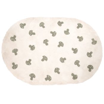 OULANKA - Tapis enfant ovale tufté motifs champignons blanc cassé et vert kaki 120x175