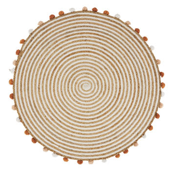 Eliot - Tapis rond spirale coton recyclé et jute avec pompons