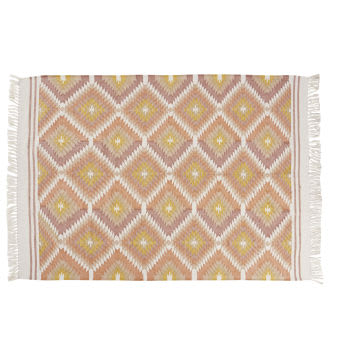 Tapis style kilim en jute et laine tissés motifs graphiques beiges et vieux rose 140x200