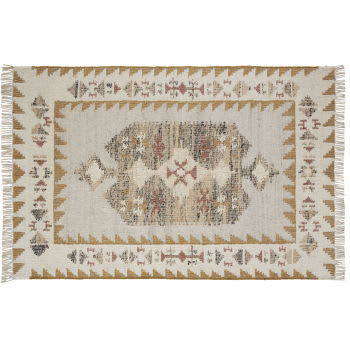 SATARA - Tappeto kilim in iuta, lana e cotone intessuti con motivi etnici multicolore e frange 160x230 cm