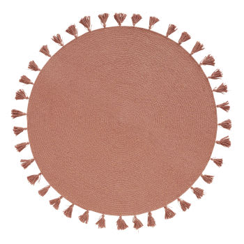 Tappeto rotondo in cotone riciclato intrecciato rosa con pompon, D.100 cm