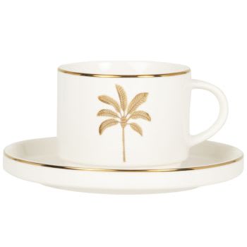 Lot de 2 - Tasse à thé et soucoupe en porcelaine blanche motif palmier doré et marron