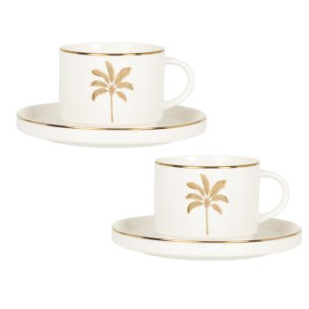 Lot de 2 - Tasse à thé et soucoupe en porcelaine blanche motif palmier doré et marron