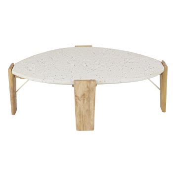 Tavolino basso in pietra effetto graniglia e legno massello di mango