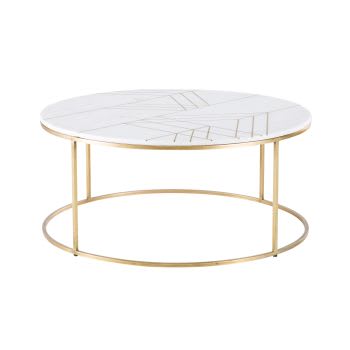 Izmir - Tavolino da salotto rotondo in marmo ricostituito bianco e ferro dorato
