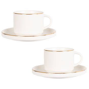 BERENICE - Lote de 2 - Taza de té y platillo de porcelana blanca y dorada