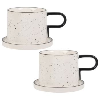 ULURU - Set aus 2 - Teetasse und Untertasse aus Steingut, weiß und schwarz