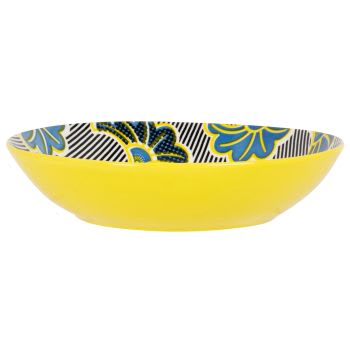ASHANTIA - Tiefer Teller aus Porzellan mit Blumenmotiv in Gelb, Blau und Schwarz Blau