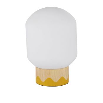 MINI JUNGLE - Tischlampe aus Kautschukholz, senfgelb und beige, mit Glaskugel aus Milchglas