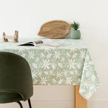 CLEOPATRE - Toalha de mesa com estampado de folhagem verde e cru 150x250